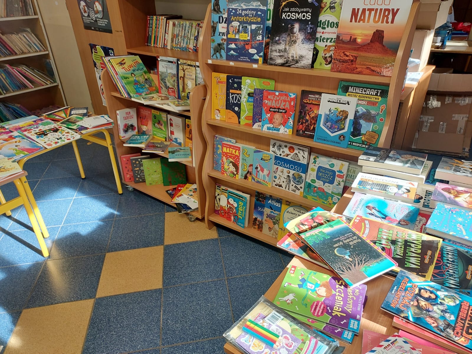 Książki na półkach w bibliotece szkolnej